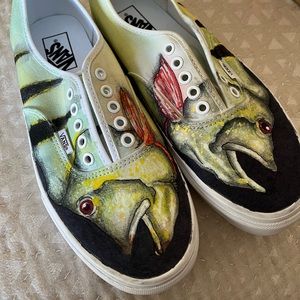 Custom Hand Painted Peacock Bass Vans Classic Slip-On. US Size 9 Mens/Size 10.5…